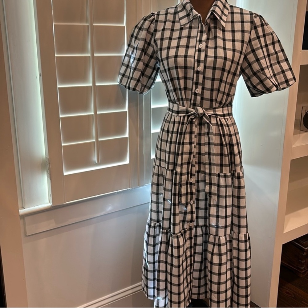 Black & White Checked Midi Shirt Dress with Tie Waist